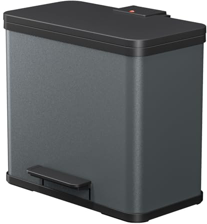 Hailo Eco duo L Treteimer mit Soft Close Funktion, 2x14 Liter, Dunkelgrau | Mülltrenner mit Pedal, 2 Kunststoff Inneneimer, Made in Germany, Stahlblech, rechteckig