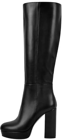 VERISSON Plateau Stiefel Kniehoch Langschaft Boots mit Blockabsatz Klassische Reißverschlussstiefel Lederoptik Schwarz 46 EU