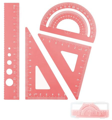 DHWEKU squadrette da Disegno,goniometro Scuola elementare,4 Pezzi Righello in Metallo Set Angoli arrotondati Design di Sicurezza cancelleria Insegnante Studente Matematica Geometria goniometro,Rosa