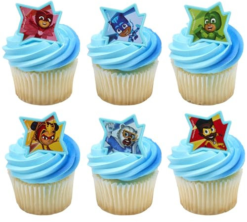 DecoPac PJ Masks Calling All Heroes! Ringe, Cupcake-Dekorationen mit Catboy, Eulette, Gekko und Freunden! Lebensmittelechte Kuchenaufsätze, 24 Stück