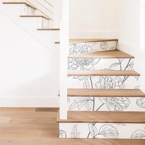 Funlife Contremarche escalier Autocollant Stickers carrelage imperméable Motif Auto-Adheisve contre marche pour escalier Amovible Peler et coller (Pivoine de croquis, 100cmX18cm-15Pcs)