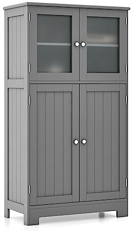 GIANTEX Badezimmerschrank, 60 x 30 x 109 cm, Badschrank mit 4 Türen & Verstellbarer Ablage, Aufbewahrungsschrank für Badezimmer, Küche & Wohnzimmer (Grau, Modell A)