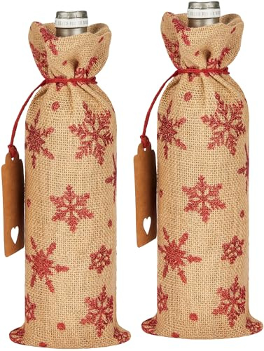 BRUBAKER Vinpåse till jul – 36 cm x 17 cm vinpåse – flaskpåse av jute – vinpåse för vin, champagne och champagne – flaskpåse, Snöflingor – röd, 36 x 17 cm, Jul