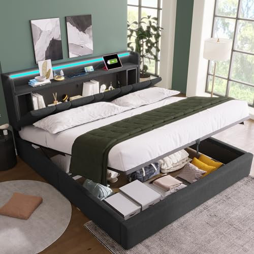 Ctastay Cama Tapizada de 140x200 cm con Iluminación LED y Función de Carga USB, Cama Doble con Espacio de Almacenamiento Hidráulico y Somier de Láminas, Gris, Lino (Sin Colchón)