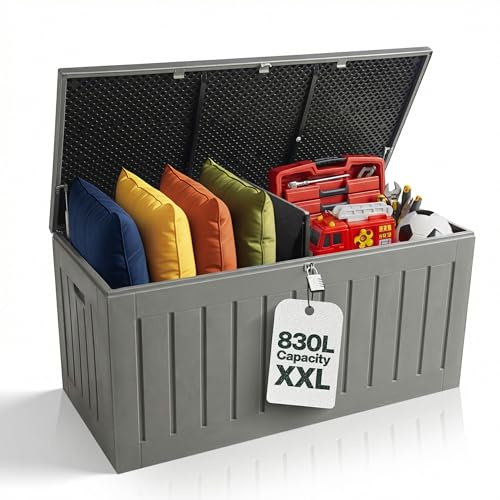 Olsen & Smith 830L Outdoor Garden Storage Box with Padlock, Weatherproof Wood Effect Plastic Outdoor Storage Box, Lockable Large Storage Box with Lid, Sit On Bench, Anthracite, 160 x 78 x 76 cm, Chest