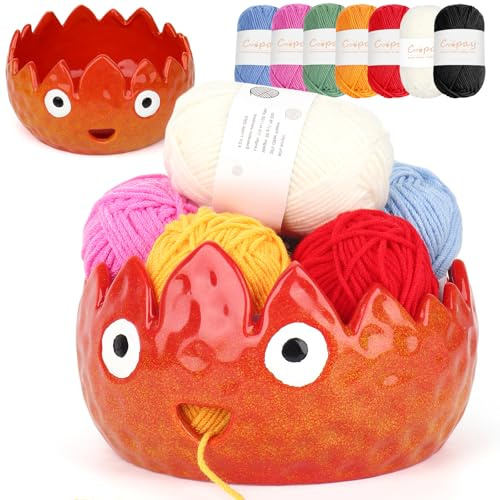 Coopay Flammgarnschale zum Häkeln/Stricken, niedliche Garn-Aufbewahrungsschale mit 7 Garn, große Keramik-Garnschale, Häkel-Strickschale für Anfänger, tolles Strick- und Häkelgeschenk (17,8 cm)