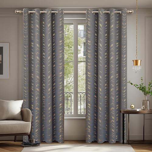Deconovo Tende per Interni Oscuranti Termiche con Occhielli – Set di 2 Tende Eleganti con Stampa Dorata, Isolanti dal Calore, Grigio Scuro, 140x180 CM, per Camera da Letto e Soggiorno