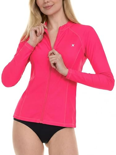 Hurley Rash Guard for Women Full Zip, Zip Up Long Sleeve Swim Shirts for Women, Surfing Top UPF 50+ SPF Sun & UV Protection
