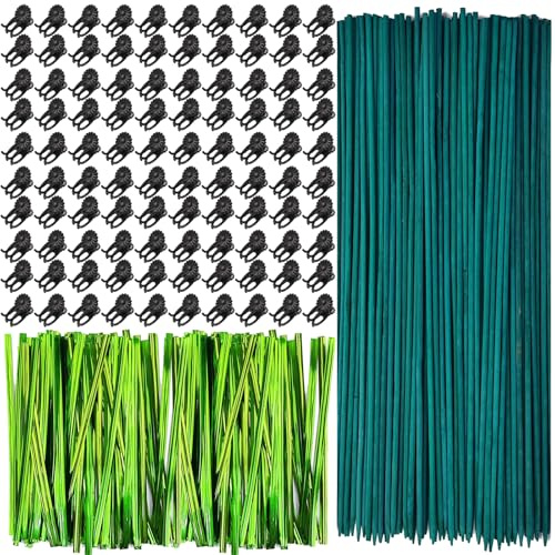 RONYOUNG Lot de 100 piquets en bambou vert avec 100 pinces à orchidée et 100 attaches torsadées métalliques pour soutenir les tiges de vigne