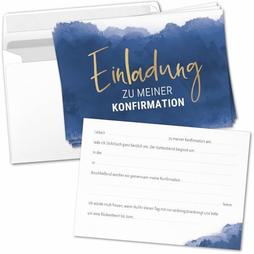 8 Einladungskarten Einladung Konfirmation mit Umschlag zum selber ausfüllen - Kirche Konfi Einladungen Postkarten Umschläge Modern Blau Aquarell Gold Look