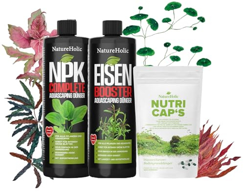 NatureHolic Aquarium Dünger Rundum Sorglospaket | Prächtige Pflanzen All-in-One-Lösung - Komplettdünger + Langzeitdünger Kapseln, nichts weiter nötig! Wachstumsbooster | 2x 500ml + Bodendünger Kapseln