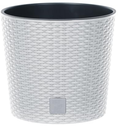 B2C Round Planter Plant Flower Pot Outdoor Garden Weatherproof with Insert Rattan Look Plastic Indoor Outdoor Patio Home Decor (White, 30cm - 15 Litres)