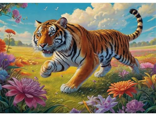 TWYYDP Puzzle 1500 Pezzi Adulti,Paesaggio Della Tigre Che Corre Nel Prato Fiorito,Giochi per Anziani,Puzzle di Legno