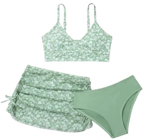 Happy Cherry 3 Stück Mädchen Bikini Sets Badeanzug Kinder Blumendruck Bademode Teen Schwimmanzug Rückenfrei Top+Triangel Bikinihose+Hawaii Strandrock Grün 140