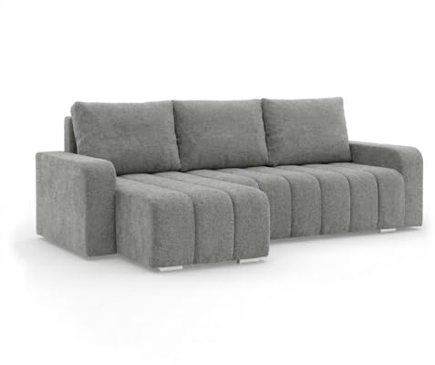 Mebligo - Ecksofa mit Schlaffunktion und Bettkasten 237 cm Breit Abrielle, Couch Wohnzimmer Links oder Rechts Schlafsofa mit Bonellfederkern, Boucle Sofa Dunkelgrau (Abriamo 07)