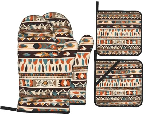 Mitaines De Four Modèle De Croyances Amérindiennes Professionnel Gauntlet Anti Chaleur Maniques Cuisine pour Cuisson Four Femmes,4 Pièces