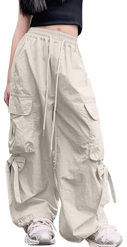 SEAUR Pantaloni cargo larghi da bambina Y2K Hip Hop Streetwear Pantaloni per bambini con vita elasticizzata leggeri sottili estivi 5-14 anni, Beige, 10-11 Anni