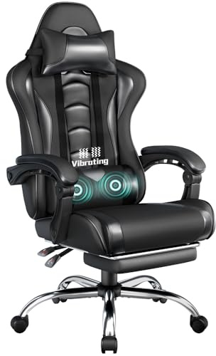 Yaheetech Chaise Gaming Massage Dossier Ailes Latérales Repose-Pieds Noir | Inclinable & Hauteur Ajustable Base 72cm Charge 150kg Têtière Incluse Coussin Lombaire Massant USB Similicuir Bureau Salle