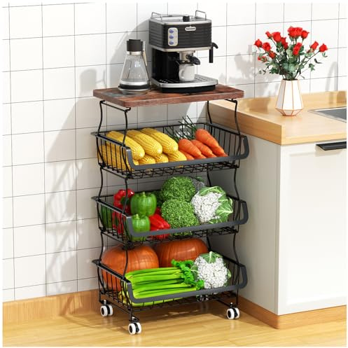 Casavibe 4 Tier Fruit Baskets for Kitchens,Multi-Use Rolling Shelving Unit for Kitchen Fruits Vegetables Dishes, Mobile Pantry & Bathroom Storage Organizer