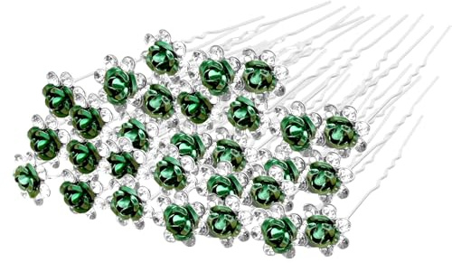 30 Stück Haarspangen für Hochzeiten mit Kristallen, Haarnadeln mit Rosenblüten und Strasssteinen für Brautschmuck (Grün)