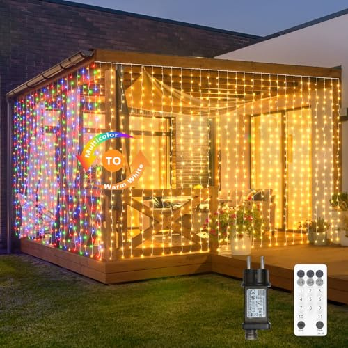 JVURICE Lichtervorhang 3x3m, 300LEDs Lichterkette Außen, LED Lichterkette Vorhang, 5M Netzkabel, mit Timer, 11 Modi, IP65 für Garten Party Weihnachten Halloween Hochzeit Terrasse Warmweiß (Warm & RGB)