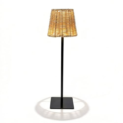 Yanmis Boho Rattan Table Lamp, Wicker Night Light, 120LM 3 Color Touch Control Rechargeable Dimmable LED Bedside Lamp for Home Restaurant Hotel (Black)