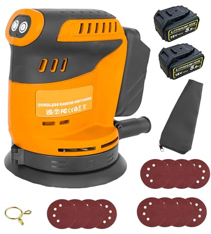 18V Cordless Orbital Sander with 2X 5.5AH Battery, 3 Variable Speeds 7500-15000 RPM,with 12PCs Sanding Sheets, 125mm Electric Sander,for Wood, Plaster, Metal