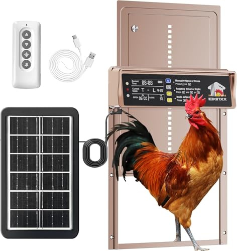 Puerta automática de gallinero alimentada por energía solar con temporizador y sensor de luz, pantalla LCD, control remoto, 4 modos de aleación de aluminio, puerta de gallinero automática solar