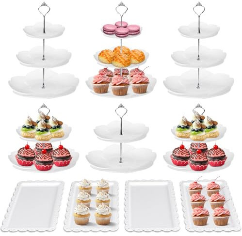 Europura LIFE 10-Piece Cake Stand Set – 3 Two-Tier & 3 Three-Tier Round Cupcake Stands with 4 Square Trays, Ideal for Weddings, Birthdays, Baby Showers, Christmas and Parties