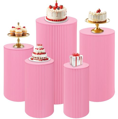 Fivenl 5 Pcs Metal Pleated Cylinder Pedestal Stands for Party, Heavy Duty Pink Round Cake Pedestal Stand Flower Plant Display Plinth Pillars for Wedding Birthday Event Decor (Pink)