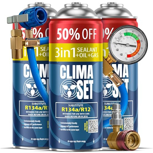 ClimaSet - 3 x 3-en-1 Gaz de Recharge pour climatisation r134a, Huile, Produit d'étanchéité XL & 1 x Tuyau & 1 x Adaptateur - Kit de Recharge de Gaz pour Climatisation pour Automobile - 705 g