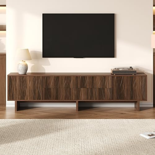 DACHETOU Soporte para TV (madera de nogal, 180 x 40 x 56 cm, 4 cajones y 2 puertas, diseño ondulado, mueble para televisión), color nogal oscuro