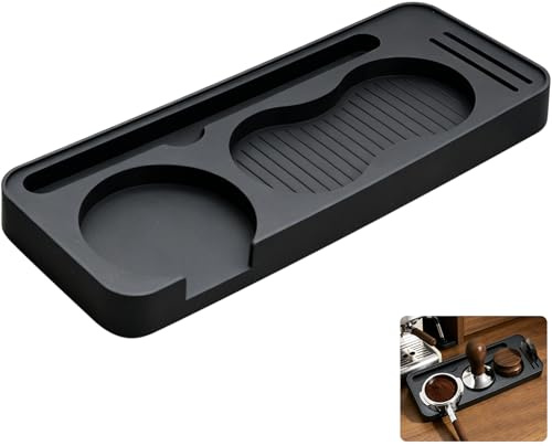 Tampermatta silikon, kaffematta för espresso, skärmhållare, tillbehör, tamping-matta med hållare för tamper, borstar och puck screen, halkfri barista-matta, svart 24 x 9,4 cm