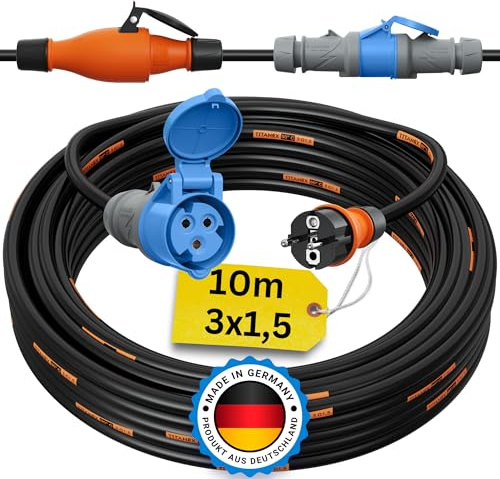 Schuko auf CEE Adapter 10m Camping Stromkabel TITANEX 3x1,5 Landstromkabel Wohnmobil Wohnwagen Kabel Camping Adapter 10 Meter Strom Verlängerungskabel CEE-Stecker Campingstecker