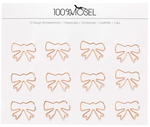 100% Mosel Büroklammern Roségold, 12 Stück, in Schleifenform (3,3 x 2,4 cm) | Edle Klammern aus Metall, modernes Accessoire fürs Büro/Homeoffice, elegante Deko zu besonderen Anlässen