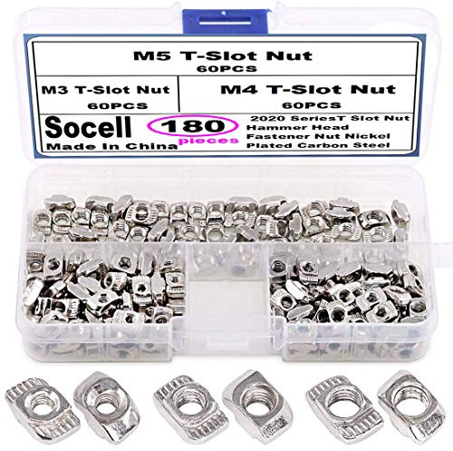 Socell 180Pcs 2020 Series T Nuts,M3 M4 M5 T Slot Nut Hammer Head Fastener Nut Nickel Plated Carbon Steel Assortment Kit for 20 Series Aluminum Profile - Nickel Plated Carbon Steel
