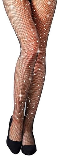 MengPa Women's Fishnets Sparkly Tights High Waist Rhinestone Stockings Party Thigh High Pantyhose (Small Hole-Black) US2466A