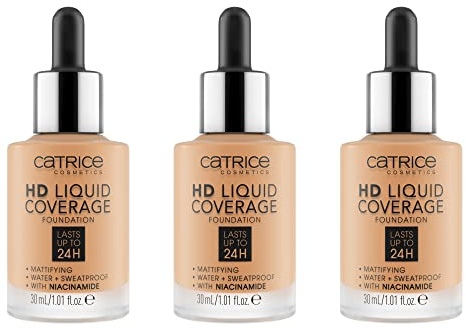 Catrice HD Liquid Coverage Foundation, Make Up, Nr. 034 Medium Beige, nude, für Mischhaut, langanhaltend, mattierend, weichzeichnend, matt, vegan, ölfrei, wasserfest, 3er Pack (3 x 30ml)