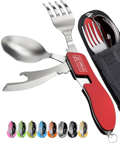 ORBLUE Posate da Campeggio Pieghevoli 4-in-1 (2 Pezzi), Kit Posate da Viaggio in Acciaio Inossidabile, Set Portatile con Forchetta e Cucchiaio, Ideale per Trekking e Bikepacking