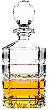 Decantador de vidrio con tapón geométrico hermético - Jarra de whisky para vino, bourbon, brandy, licor, zumo, agua, enjuague bucal, vidrio italiano sin plomo (900 ml)