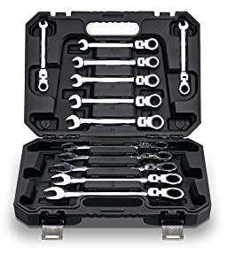 FLZOSPER 12-Piece Flexible Head Ratcheting Wrench Set，Metric Combination Spanner Kit, 8-19mm Chrome Vanadium Steel Ratchet Wrench Set with Portable Suspended Toolbox