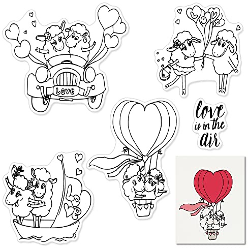 Hying Valentines Love Sheep Clear Stamps for Card Making and Photo Album Decorations, Balloon Truck Heart Stamps Llama Words Transparent Rubber Stamps Seal for DIY Scrapbooking Supplies