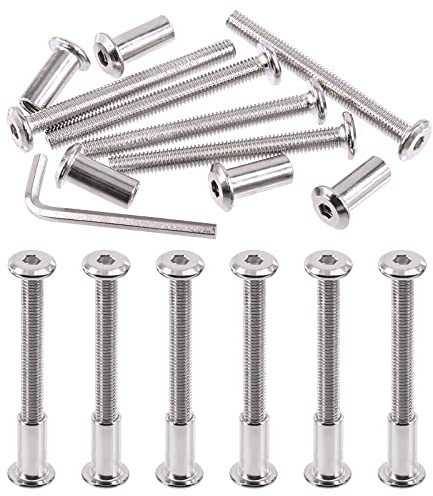 Swpeet Juego de 25 tornillos de unión de plata chapados en níquel M6 x 60 mm, tornillos de cabeza hexagonal, tuercas de barril con 1 llave Allen, poste de tornillo para muebles
