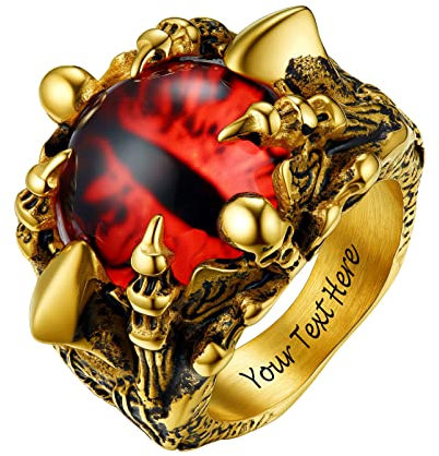 PROSTEEL Herren 18k vergoldet Böser Blick Siegelring personalisiert Dämon Schädel Todesklaue Statement Ring Größe 67 Gotik Stil Biker Rapper Fingerring Modeschumck Accessoire