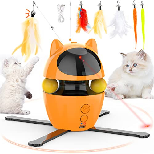 Dreamon 3 in 1 Katzenspielzeug Elektrisch - Interaktives Katzenspielzeug Selbstbeschäftigung Katzen Spielzeug Intelligenz mit 5 Ersatz Federspielzeug & USB Aufladbar (Orange)