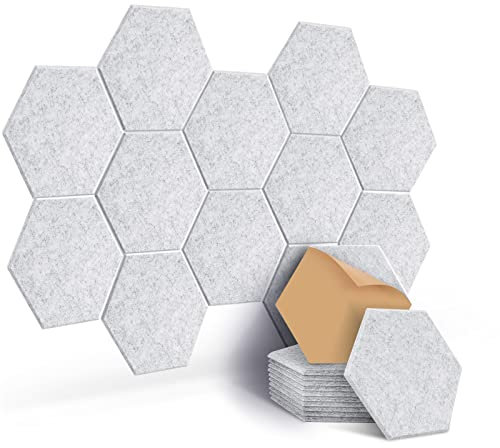 JAMELO Sound Proofing Panels Self-Adhesive Hexagon, 12 Pack Acoustic Wall Panels, High Density Acoustic Panels for Door, Ceiling, Wall, Recording Studios, 30 x 26 x 0.9cm Grey