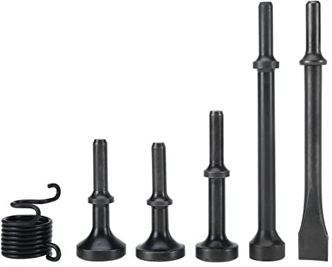 YaeKoo 6Pcs Smoothing Air Hammer Tool Kit 0.4'' (10mm) Shank Extended Length Air Hammer Bits Accessories with 1PC Pneumatic Chisel 1PC Spring for Forming Metal Plates, Rivets, Tire Repair