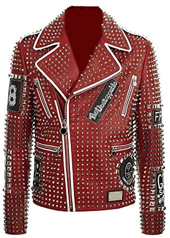 Herren Brando Cafe Racer Spikes Metall Nieten Rock Punk Motorrad Rot Biker Lederjacke, Rot – echtes Leder, XL