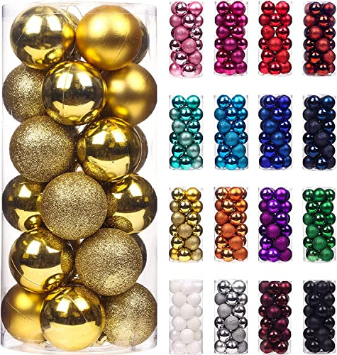 Treer 24 Stück Weihnachtskugeln Kunststoff Christbaumkugeln Set, Bruchsicher Mehrweg Christbaumschmuck zum Aufhängen, Matt Glänzend Glitzernd Weihnachtsbaum Kugeln Weihnachtsdeko (6cm,Gold)