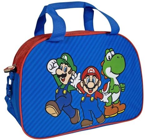 Borsone Palestra Mario da Bambino - Borsa da Viaggio Bimbo Compatibile con Super Mario Luigi Yoshi Piscina - Borsa Sport Sacca Sportiva Blu Rossa Bambini Leggera con Tracolla - 28x41,5x21cm